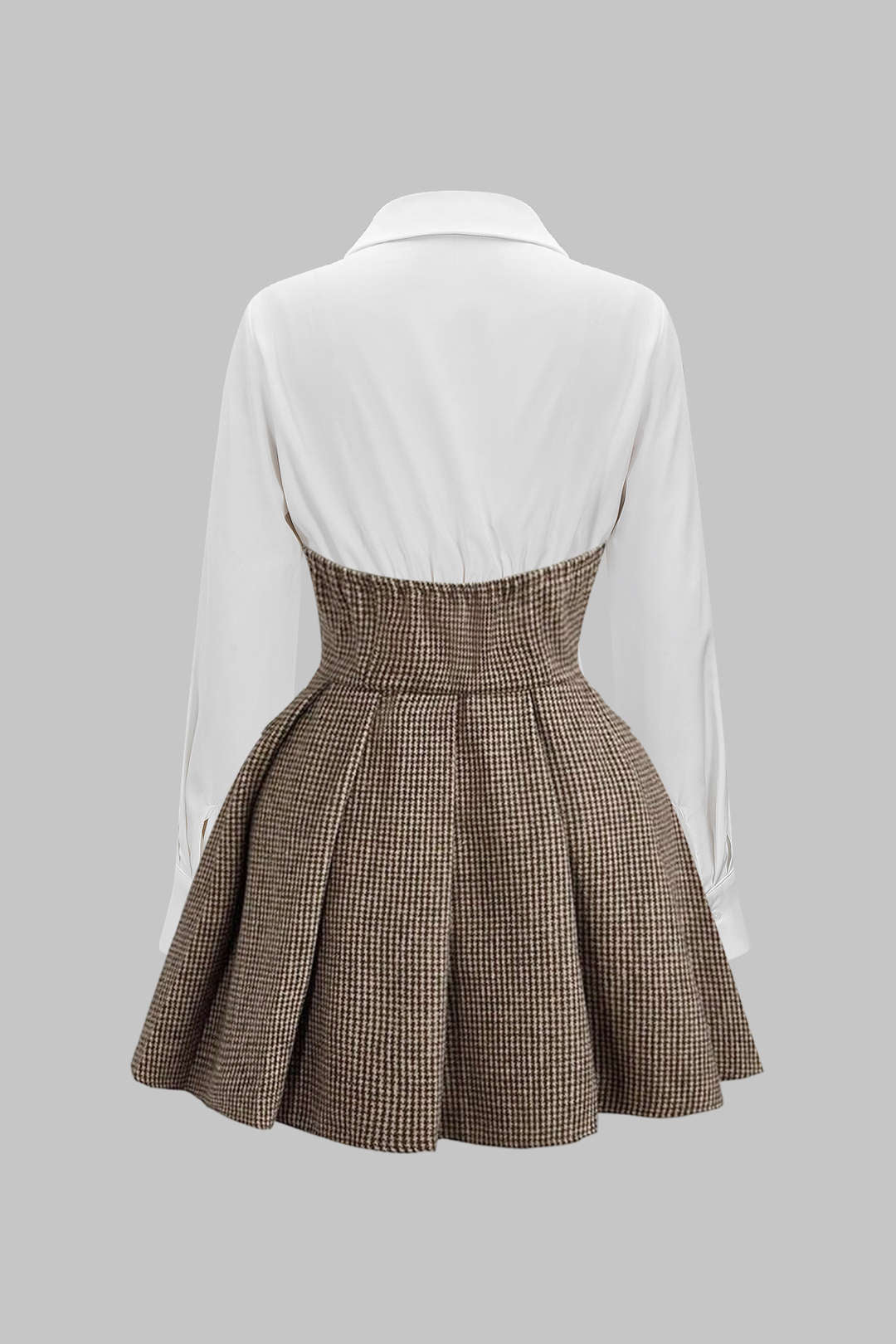Houndstooth Print Patchwork Pleated High Waist Long-Sleeve Mini Dress