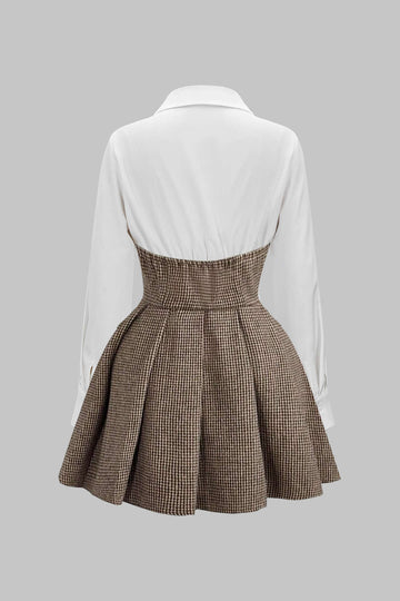 Houndstooth Print Patchwork Pleated High Waist Long-Sleeve Mini Dress