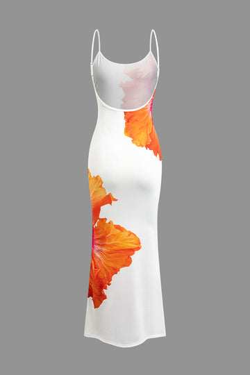 Bold Floral Print Slip Backless Maxi Dress