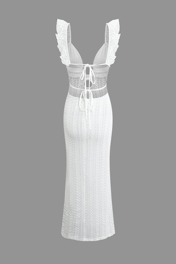 Lace Ruffle Backless V-neck Maxi Dress