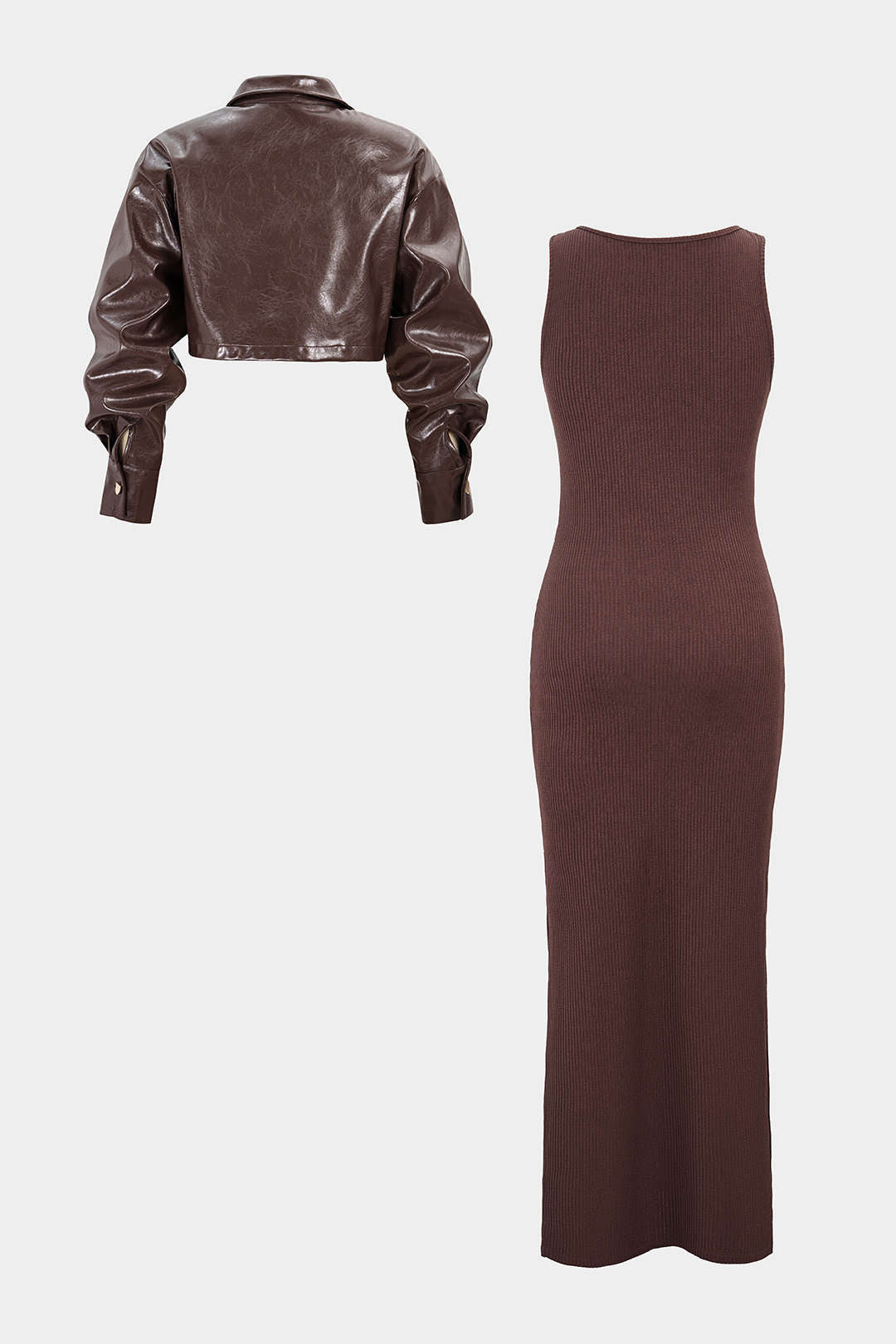 Faux Leather Button Asymmetrical Cropped Jacket And Sleeveless Ruched Dress Set