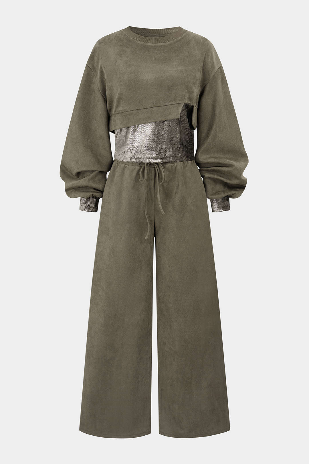 Snake Skin Print Suede Asymmetrical Sweatshirt And Drawstring Wide Leg Pants Set