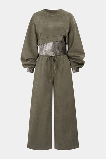 Snake Skin Print Suede Asymmetrical Sweatshirt And Drawstring Wide Leg Pants Set