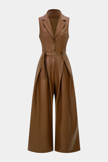 Faux Leather Belted Tank Sleeveless Jumpsuit