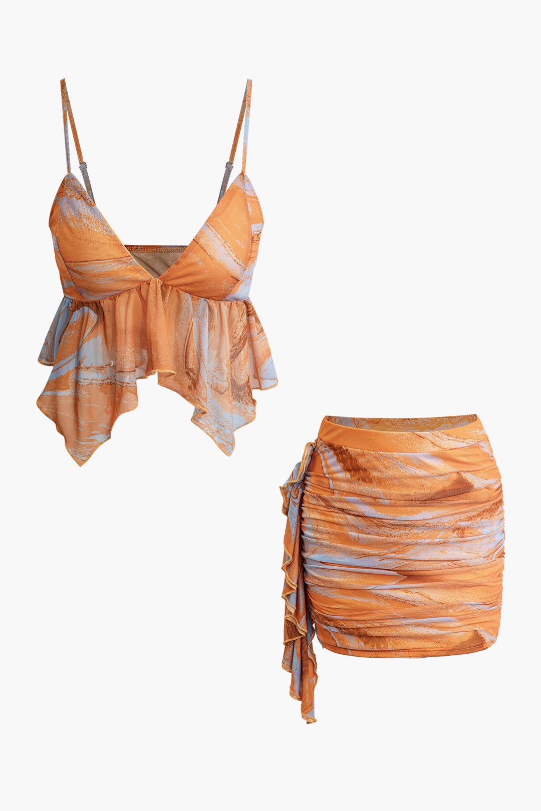 Tie Dye Mesh V-neck Ruched Cami Top And Mini Skirt Set