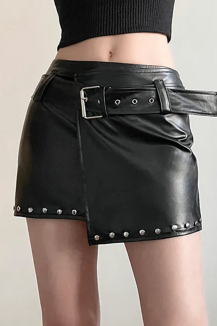 Rivet Faux Leather Wrap Mini Skirt With Belt