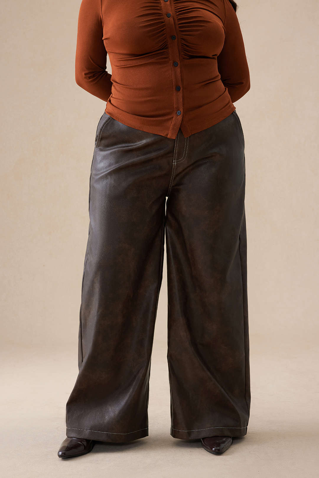 Plus Size Faux Leather High Waist Wide Leg Trousers