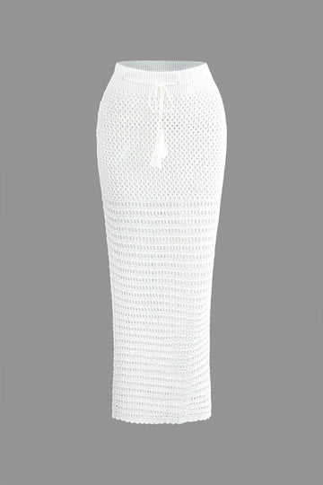 Crochet Open Knit Knot Front Crop Top And Tie Waist Skirt Set