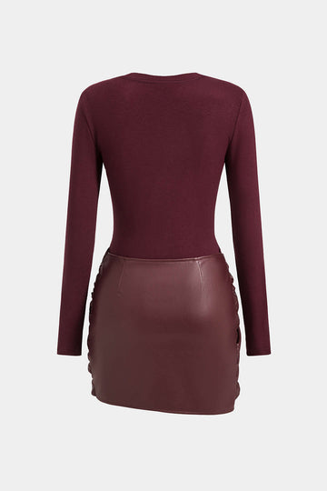 Faux Leather Patchwork Tie Front Round Neck Ruched Mini Dress