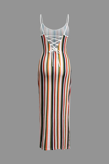 Stripe Braided Tie Slit V-neck Cami Maxi Dress