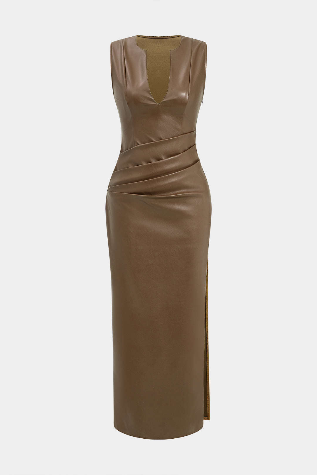 Faux Δερμάτινο V-Neck Ruched Maxi Φόρεμα