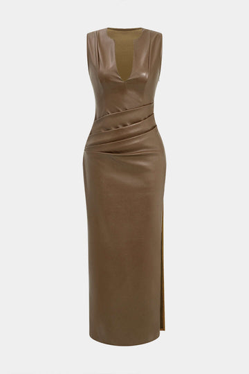 Fausse robe maxi en cuir en V