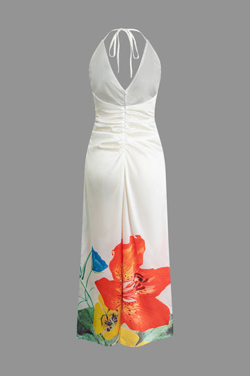 Floral Print Halter Backless V-Neck Maxi Dress