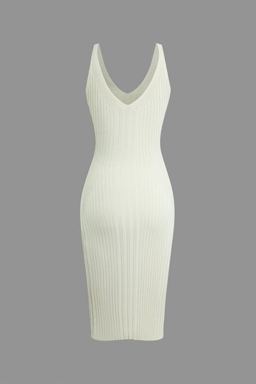 Ribbed Knit V-neck Midi Dress