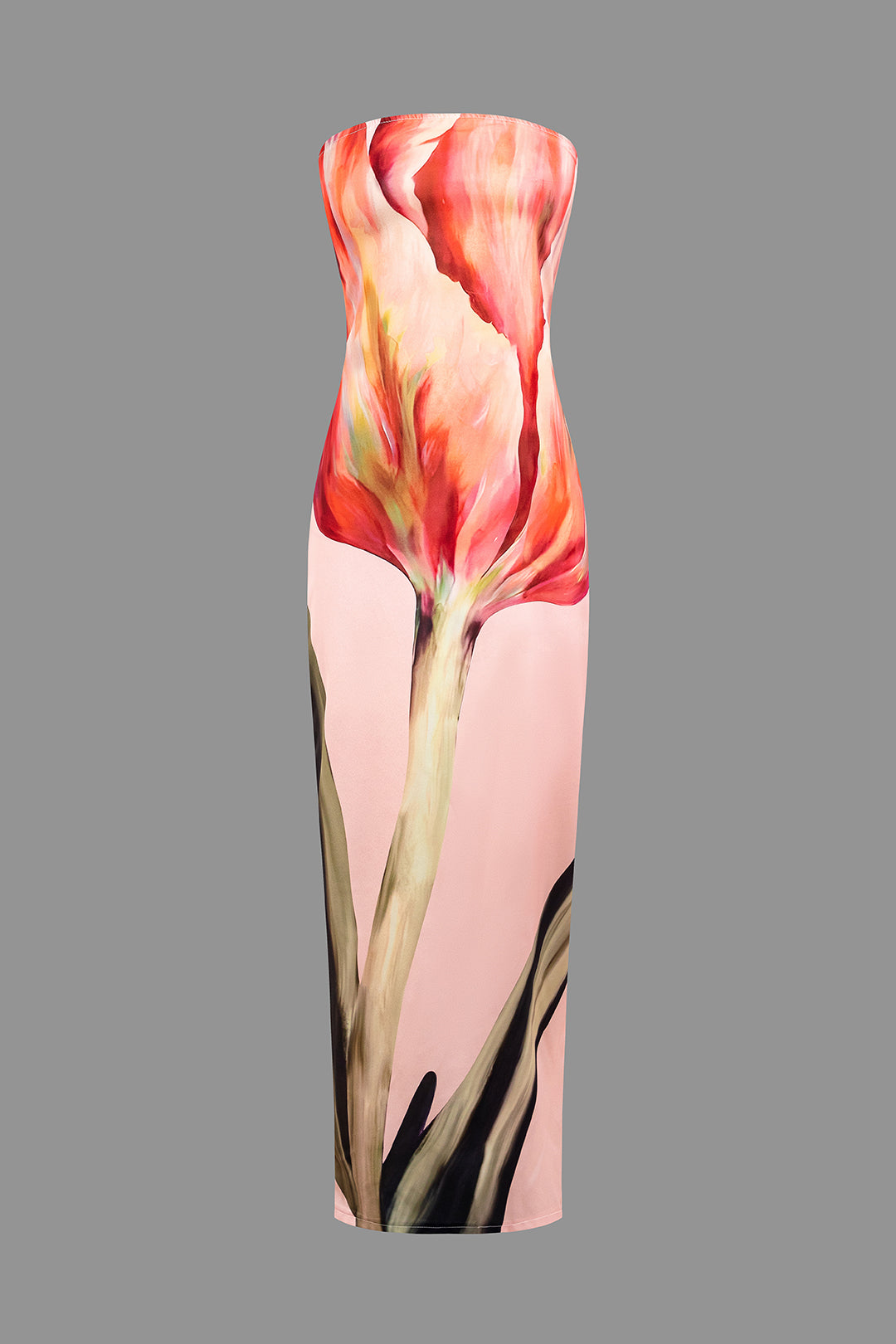 Floral Print Satin Strapless Slit Maxi Dress