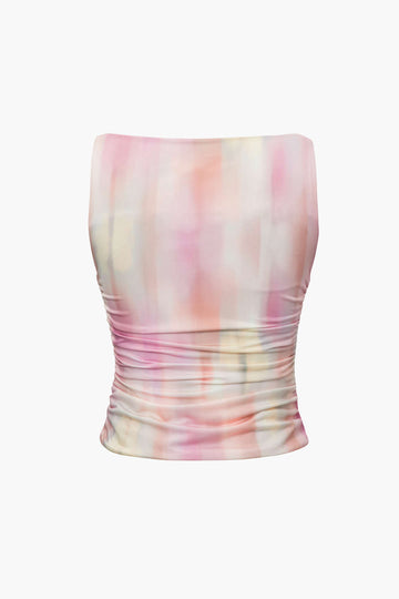 Tie Dye Satin Cowl Neck Ruched Tank Top