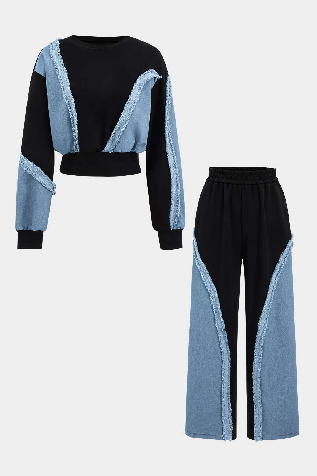 Denim Patchwork Long Sleeve Top And Wide Leg Trousers Set