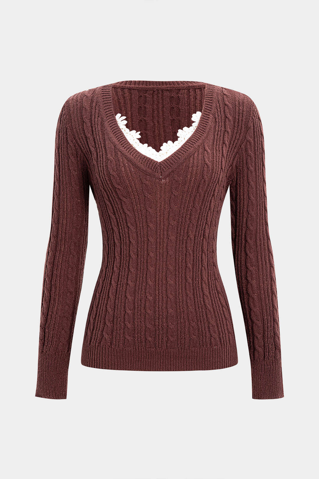 Cable Knit Lace Patchwork V-Neck Long Sleeve Top