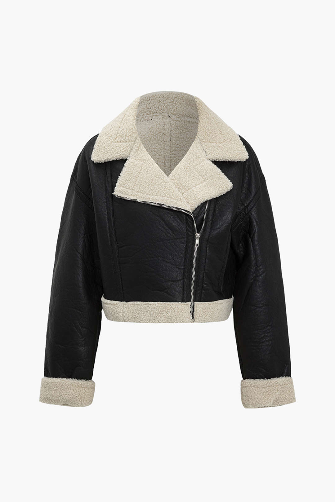 Basic Solid Faux Leather Fleece Jacket