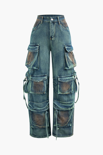 Stained Multi Flap Pocket Straight Leg Cargo Jeans