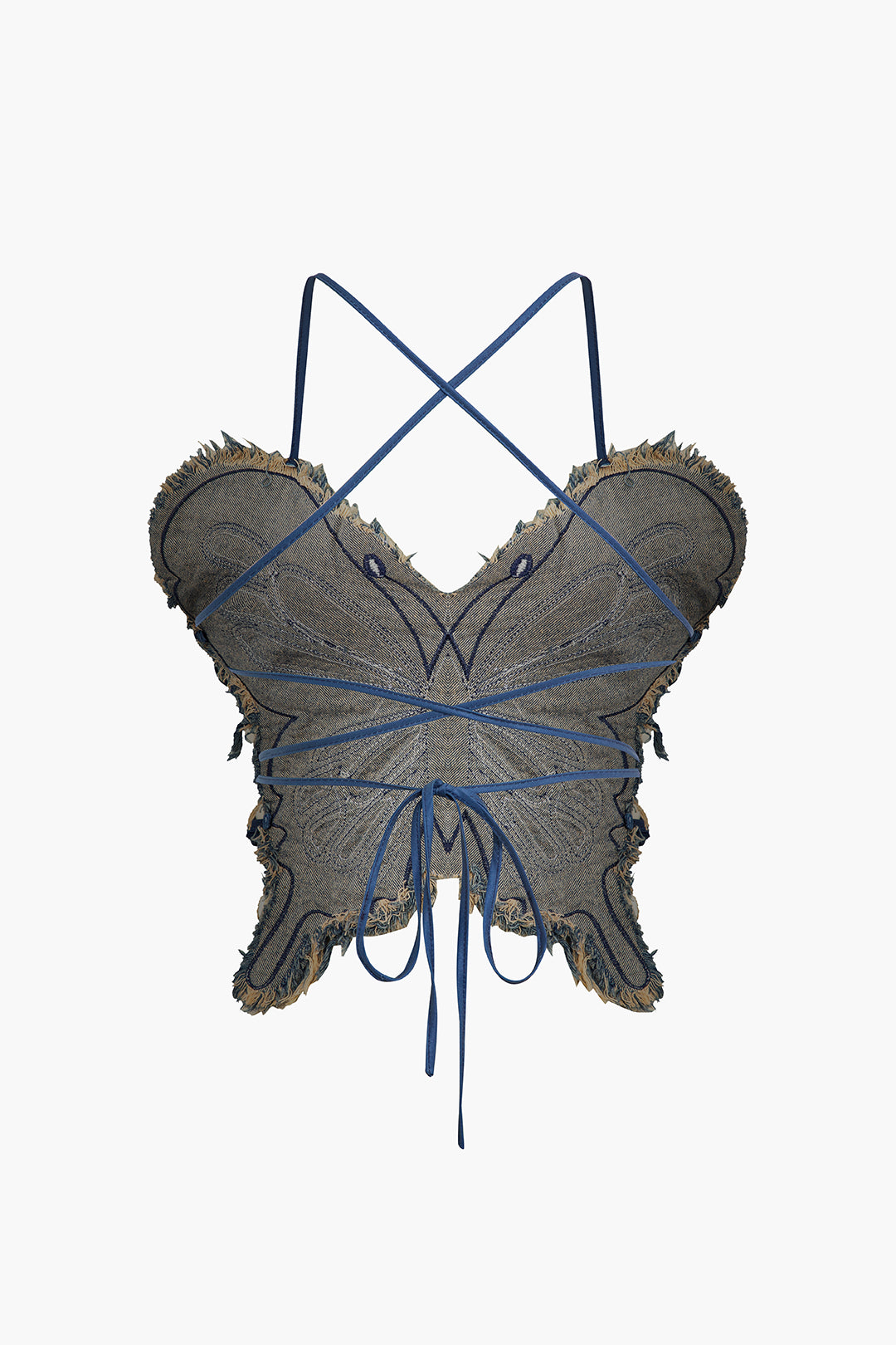 Embellished Butterfly Denim Backless Halter Cami Top
