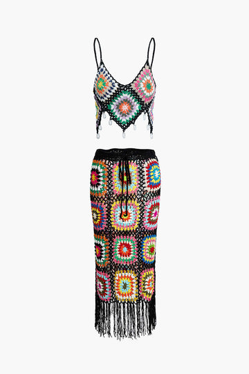 Square Crochet Knit Cami Top And Fringe Midi Skirt Set