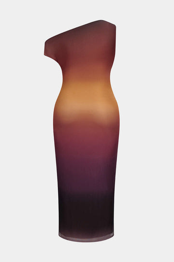 Plus Size Ombre Print Mesh Asymmetrical Sleeveless Maxi Dress