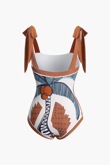 Tummy Control Coconut Tree Print Knot Strap One-Piece Swimsuit