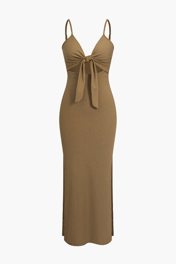 Solid Cut Out Knot Slit Tie-Up Midi Dress