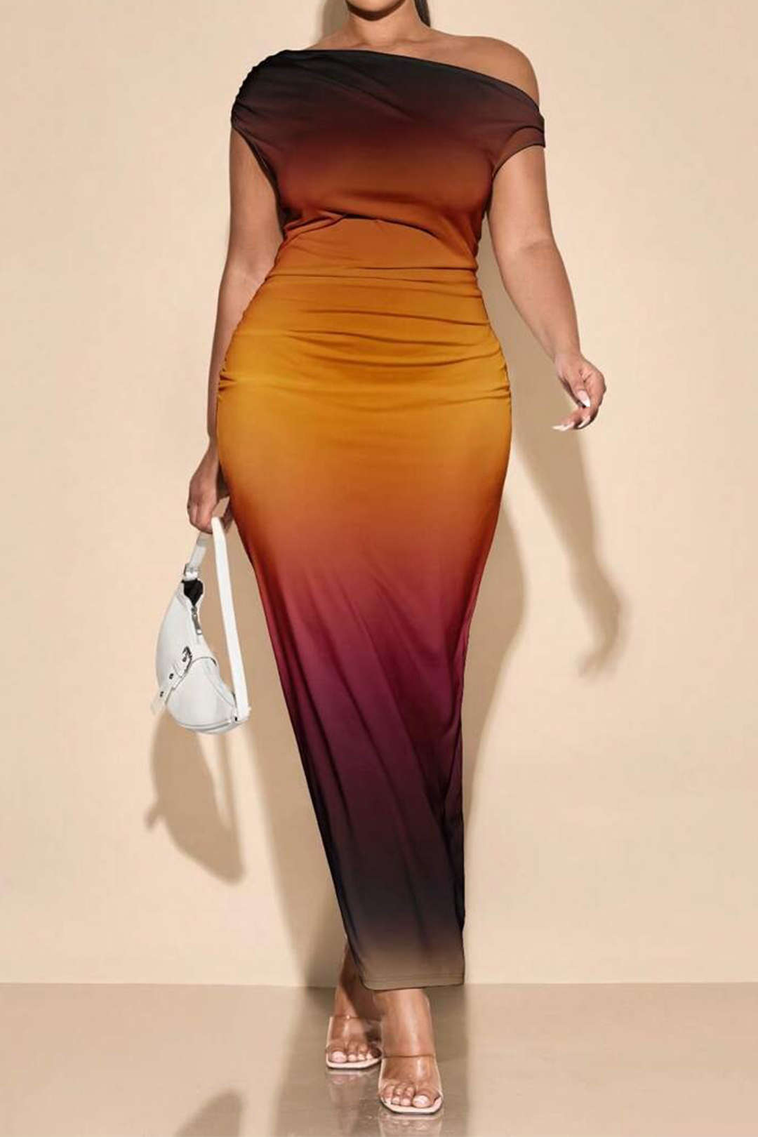 Plus Size Ombre Print Mesh Asymmetrical Sleeveless Maxi Dress
