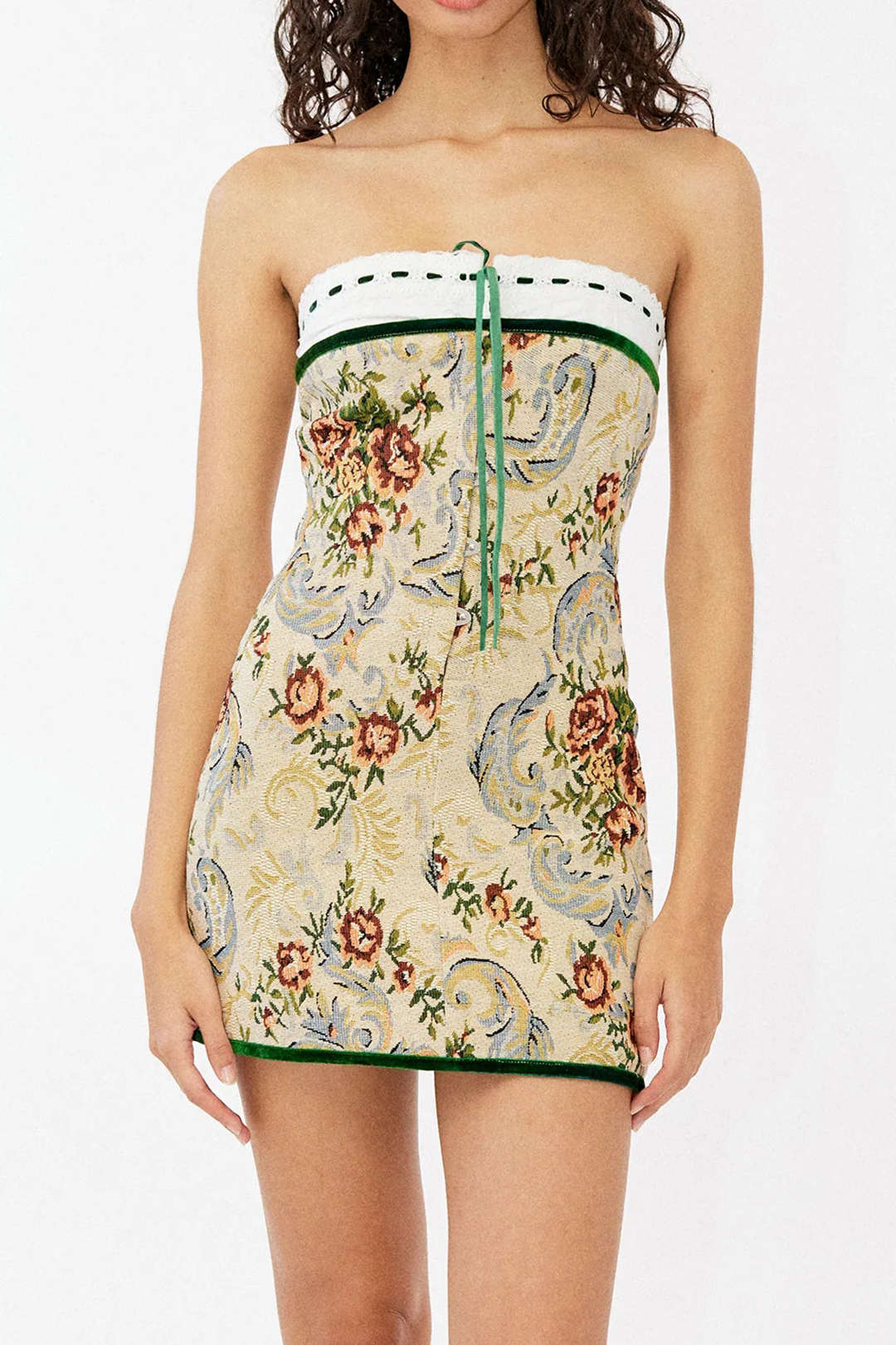 Retro Floral Print Jacquard Strapless Mini Dress