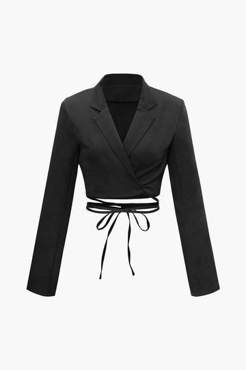 Notched Lapel Tie Back Crop Blazer And V-Waist Split Mini Skirt Set