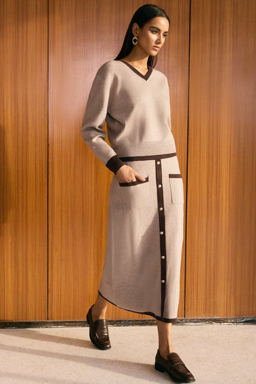 Knit Contrast V-Neck Long-Sleeve Top And Button Skirt Set