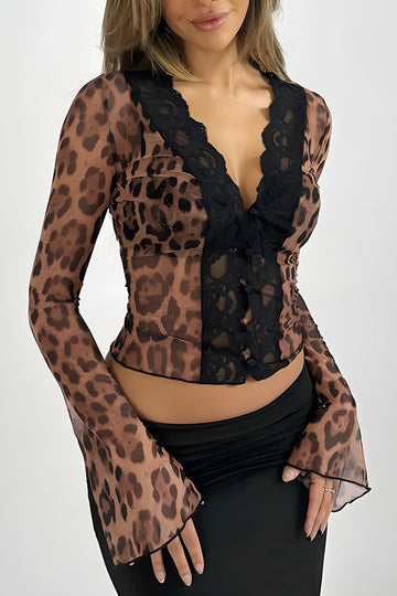 Leopard Print Mesh Lace Long-Sleeve Shirt