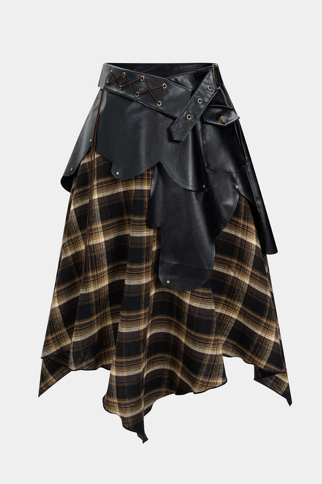 Plus Size Color Block Plaid Print Faux Leather Patchwork Tie-Up Asymmetrical Pocket Skirt