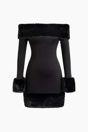 Faux Fur Trim Off Shoulder Midi Dress