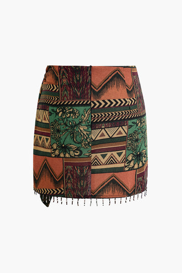 Ethnic Pattern Beaded Fringe Mini Skirt