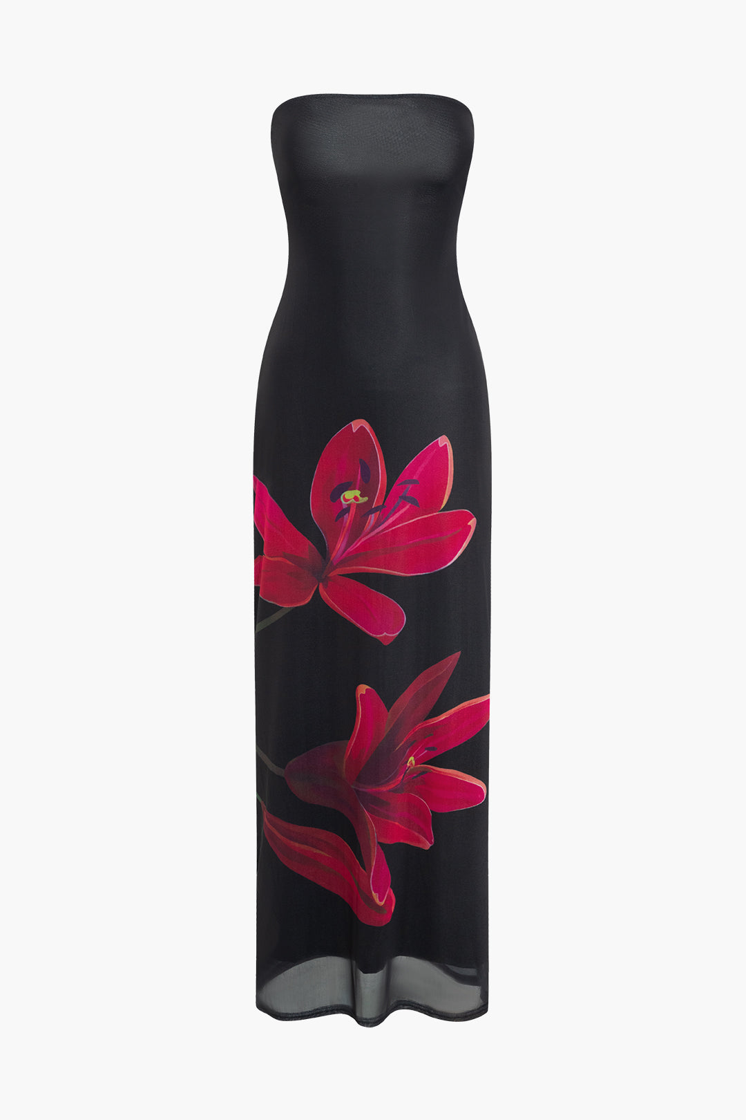 Floral Print Backless Tie Mesh Strapless Maxi Dress