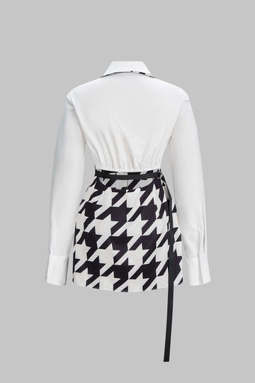 Houndstooth Print Contrast V-Neck Long Sleeve Mini Dress