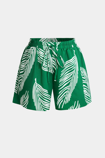 Leaf Print Drawstring Shorts Set