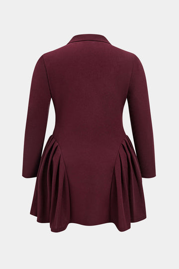 Plus Size Button Pleated V-Neck Long Sleeve Mini Dress