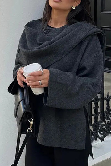 Asymmetrical Round Neck Knit Coat With Scarf
