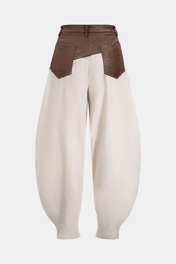 Faux Leather Ruched Patchwork Barrel Trousers