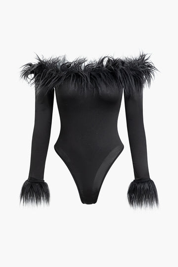 Faux Fur Trim Off The Shoulder Long Sleeve Bodysuit