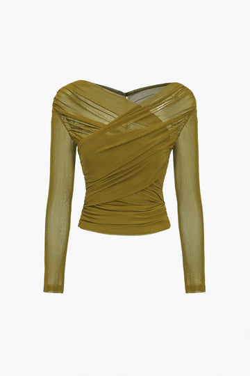 Solid Sheer Mesh Ruched Long-Sleeve Top