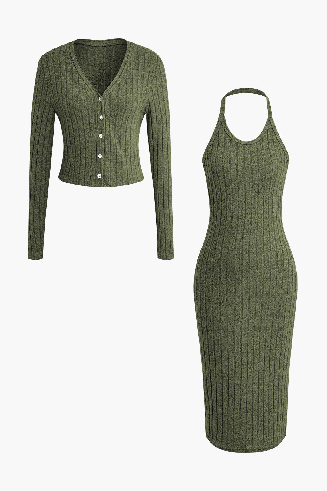 Ribbed Cardigan And Halter Dress Set