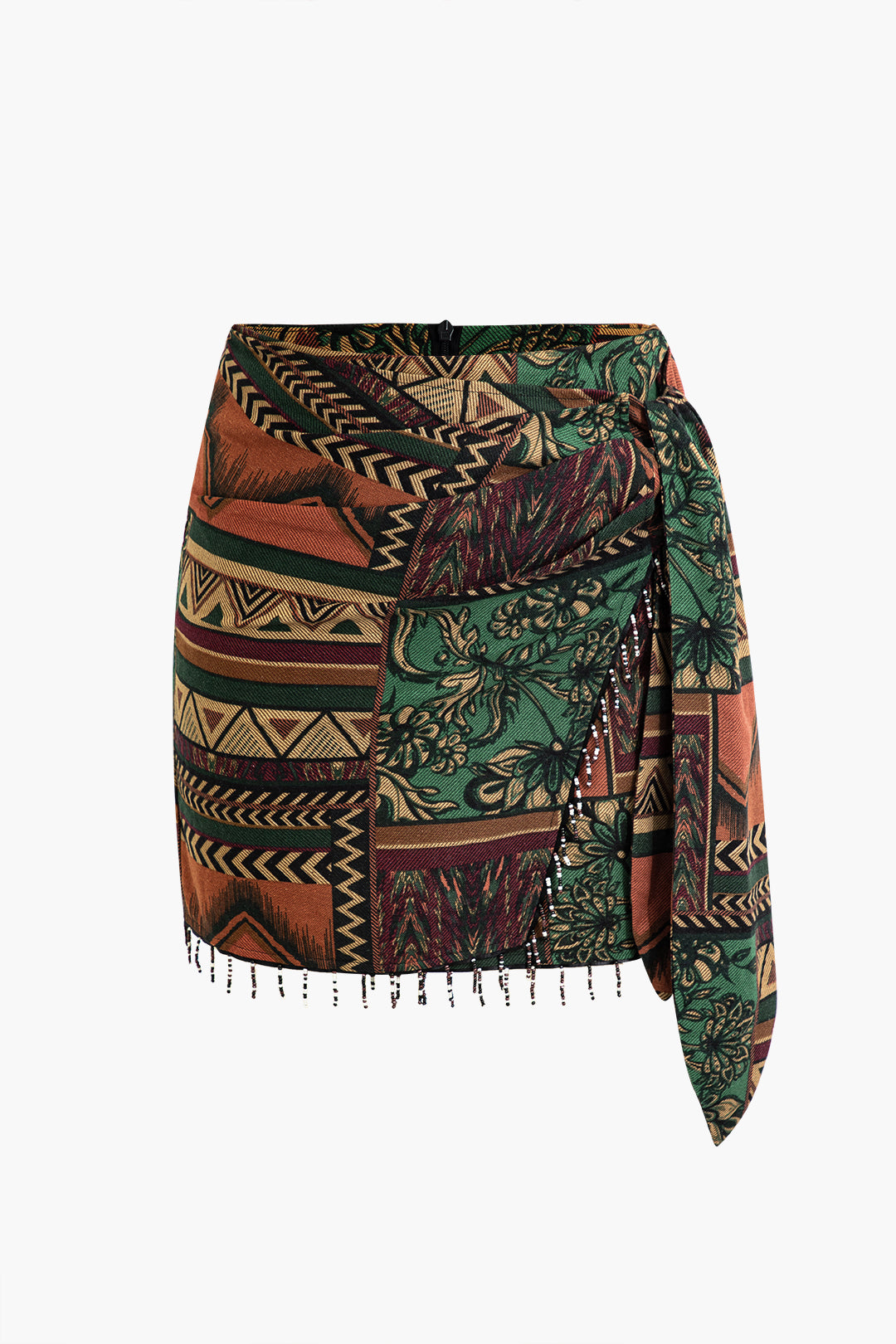 Ethnic Pattern Beaded Fringe Mini Skirt