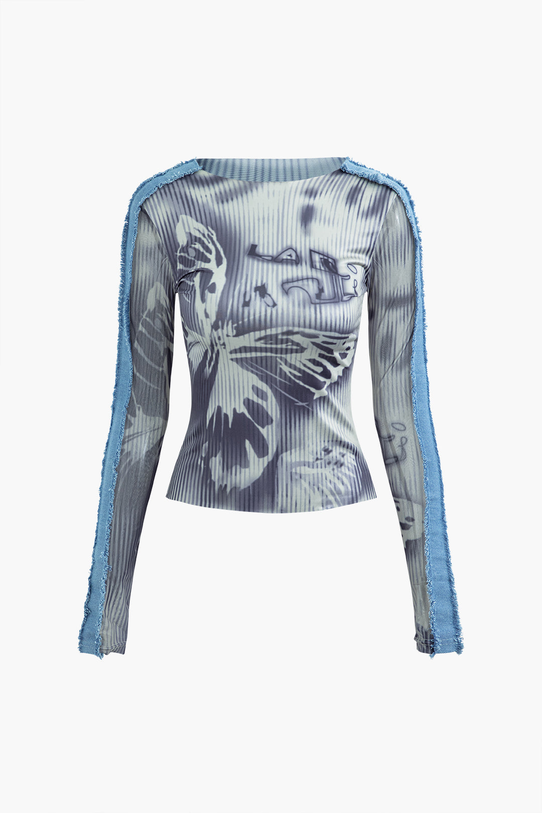 Contrast Butterfly Pattern Round Neck Long Sleeve Top