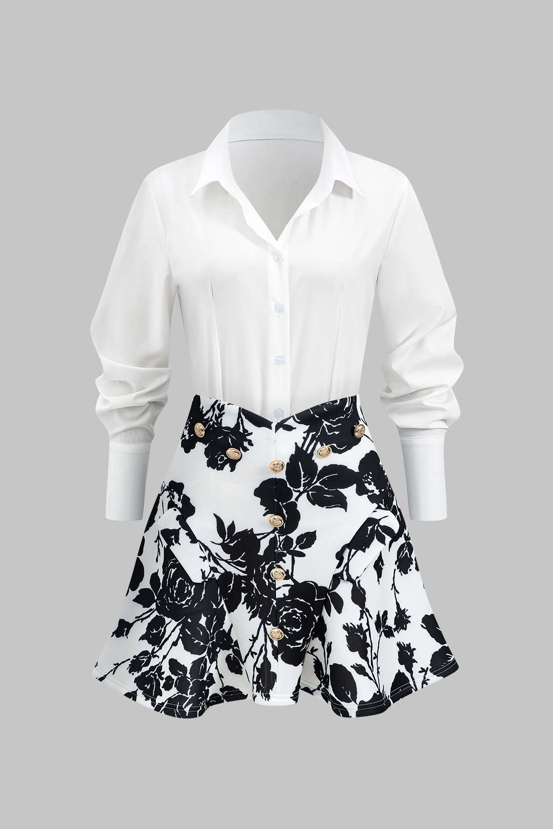 Floral Print Buttoned Long-Sleeve Shirt And Skirt Set