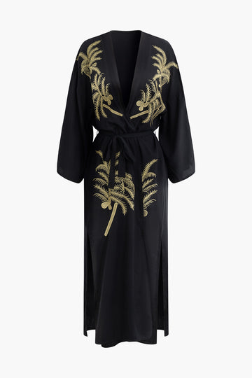 Coconut Tree Embroidery Belted Cover Up